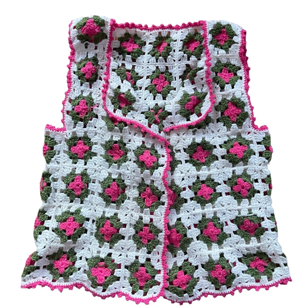Handmade Crochet Vest - White, Pink & Green